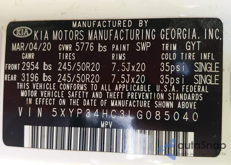 2020 Kia Telluride Ex z USA, uszkodzony, nr VIN 5XYP34HC3LG085040